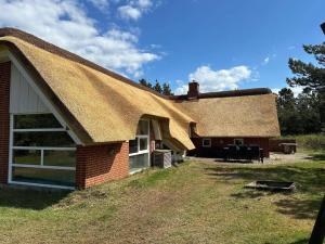 ein Haus mit einem Strohdach auf einem Feld in der Unterkunft 4 star holiday home in Blåvand in Blåvand