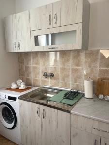 a kitchen with a sink and a washing machine at Apartmani Kersbaum in Belgrade +13 photos