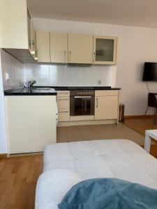 a kitchen with white cabinets and a white refrigerator at Sea and Mountain View - Cozy Pool Flat - Sleeps 6 in Dobrota