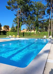 uma piscina azul com cadeiras e árvores em Villas Terrace Apartment na Praia de Mira