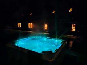 a jacuzzi tub with a fountain in the dark at Dīķsalas in Gulbene