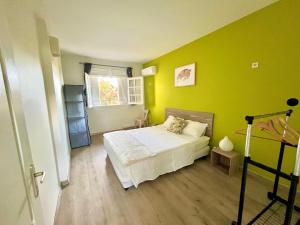 a bedroom with green walls and a white bed at Résidence Yacinthe in Le Robert