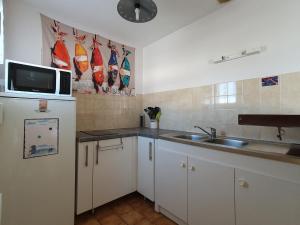 eine Küche mit Spüle und Mikrowelle in der Unterkunft Maison calme pour 4 personnes avec jardin - FR-1-476-111 in Grues