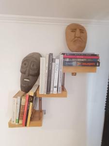 a book shelf with books and a mask on it at CasaValparaluz in Valparaíso