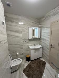 a bathroom with a toilet and a sink and a mirror at Stunning Sea View - Brand New Apartments in Kotor +49 photos