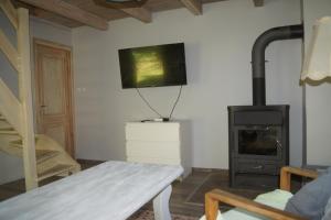 a living room with a fireplace and a tv at Domek nad rzeką Słupią z jacuzzi in Sulęczyno