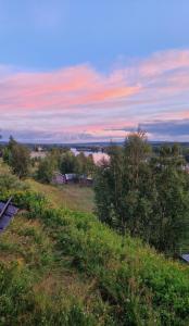 a grassy hill with a view of a field at Kuttainen Lodge in Karesuando
