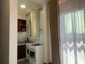a kitchen with a white stove top oven next to a window at Kampala Studio with Lake Breeze in Kampala +14 photos