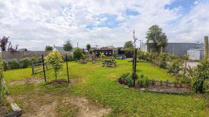 a garden with a picnic table in the grass at Blue Mountains Loft, Tapanui in Glenkenich