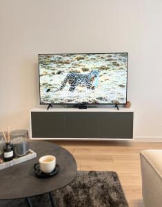 Una sala de estar con un televisor con un perro en la pantalla. en Comfort Modern Central Apt, en Haskovo