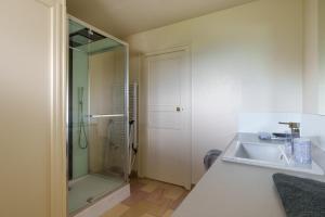 a bathroom with a glass shower and a sink at La Maison et son jardin sur le Canal de Bourgogne in Ravières +10 photos