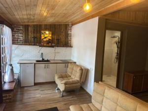 a living room with a couch and a kitchen at Safari House Tbilisi Wine & Family Hotel in Tbilisi City