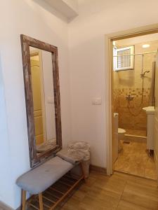 ein Badezimmer mit einem Spiegel, einem Waschbecken und einer Dusche in der Unterkunft Apartmani TOPLA - Zlokovic - apartman A3 i apartman A4 in Topla + 24 Fotos