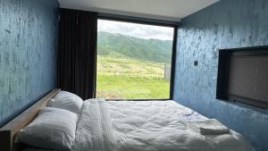 a bed in a room with a large window at Shahdag Berghoff House in Qusar