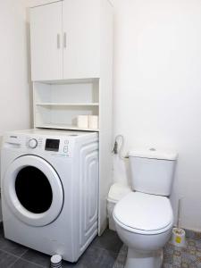 スタツィウネア・クリマテリカ・スンバタにあるCăsuța cu Braziのバスルーム(洗濯機、トイレ付)