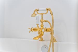 une douche en laiton dans une salle de bain avec une pomme de douche dans l'établissement Iron Haven - Central B'ham - Luxury Apt, à Birmingham