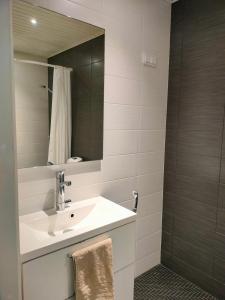 a bathroom with a sink and a shower with a mirror at Apartment & BBQ & free parking in Espoo