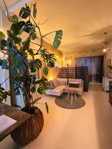 a living room with a couch and a plant at Slapen aan de Sluis in Utrecht