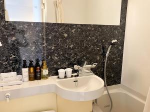 a bathroom with a sink and a shower at HOTEL LiVEMAX BUDGET Hiratsuka Ekimae in Hiratsuka +18 photos