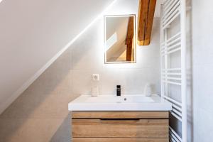 a bathroom with a sink and a mirror at Haus Grande-Familienidyll am See in Neubrandenburg +12 photos