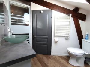 a bathroom with a green bowl sink and a toilet at Le studio du centre in Gap