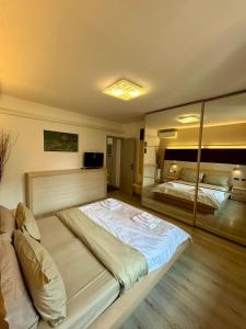 a large bedroom with two beds and a large mirror at B&B al Vittoriale da Maja in Gardone Riviera