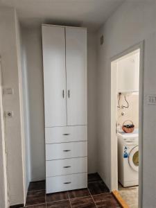 a white cabinet in a bathroom with a washing machine at Apartman-Stan in Jagodina +1 photo