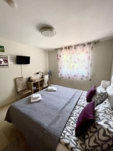 a bedroom with a large bed with purple pillows at Marbella Deluxe Rooms in Royal Cabopino Townhouse in Marbella