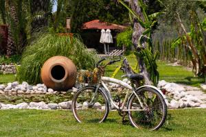 a bike parked in the grass next to a tree at Villa Nimfea in Ialyssos
