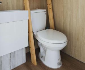 ein Bad mit WC in einem Holzzimmer in der Unterkunft Mountain Silhouette Cottage 2 by Tiny Away in Jingmei