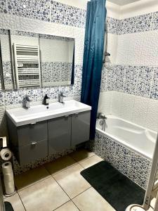 a bathroom with a sink and a tub and a shower at Appartement Village centre in Taradeau