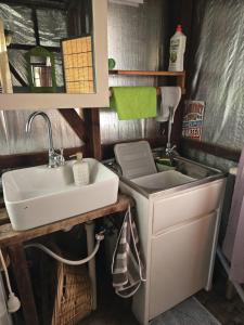 a bathroom with a sink and a toilet in it at FarmStay Pepperina & Bird Sanctuary in Bendemeer +104 photos