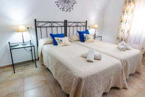 2 Betten in einem Schlafzimmer mit blauen Kissen in der Unterkunft Apartamentos Rurales Tía María in Mata de Alcántara