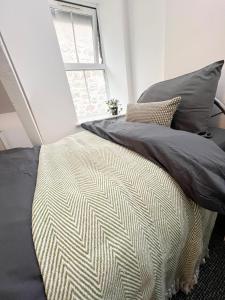 a bedroom with a bed with gray pillows and a window at Cosy Cader Cottage in Dolgellau +3 photos