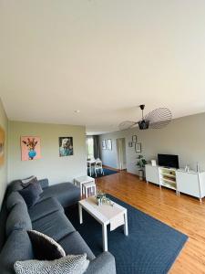 a living room with a couch and a table at Apartment & Boardinghouse Berlin Friedrichshain-Kreuzberg in Berlin +55 photos