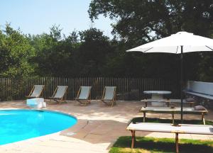a group of chairs and an umbrella next to a pool at PROVENCE VAR Bel appartement 2 pièces indépendant dans un Magnifique Domaine in Bras