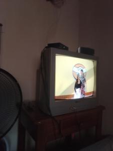 Ein Fernseher mit einem Bild einer Frau drauf. in der Unterkunft Evsam in Belém