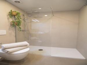 Un baño blanco con ducha y WC. en Seafront Apartment in Calella with Beach Access, en Calella 36 fotos más