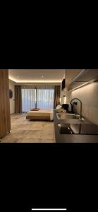 a bedroom with a bed and a kitchen with a sink at Minimalist suites in Potos
