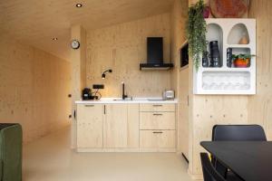 una cucina con pareti in legno e lavandino di Hello Zeeland - Tiny House Zeeuwse Liefde 16 a Westkapelle