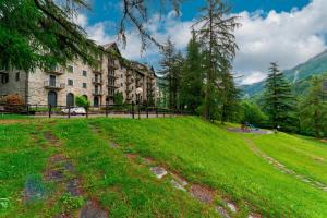 a building on a hill next to a green field at Appartamento Pineta in Chiesa in Valmalenco