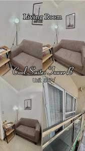 two pictures of a living room with a couch and a table at Wind Residences Cool suites 1BR unli Wifi, PrimeVideo, Nice pool, Near Malls in Kaybagal