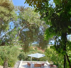 a patio with an umbrella and benches and trees at le finestre sul mare in Conversano
