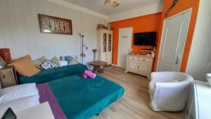 a living room with a green couch and a tv at La cacarinette in Rayol-Canadel-sur-Mer