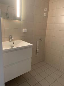 a white bathroom with a sink and a shower at Peer Gynts vei 77 in Moss