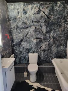 a bathroom with a toilet and a rock wall at Aste loft house in Aste +7 photos