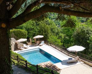 a swimming pool with lounge chairs and umbrellas at Les Terrasses de la Borie in Mandagout