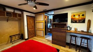 a room with a kitchen and a bar with a red rug at Kaza Kokos in Oceanside
