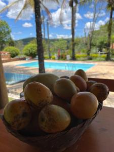 a bowl of fruit sitting on a table next to a pool at Sítio Veredas Formiga-MG in Formiga