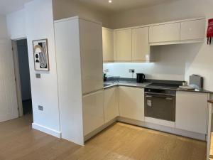 a kitchen with white cabinets and a stove top oven at Extra large spacious 1 Bedroom private apartment, Nr St Albans City Station, Business, contractor, Parking, WiFi in Saint Albans